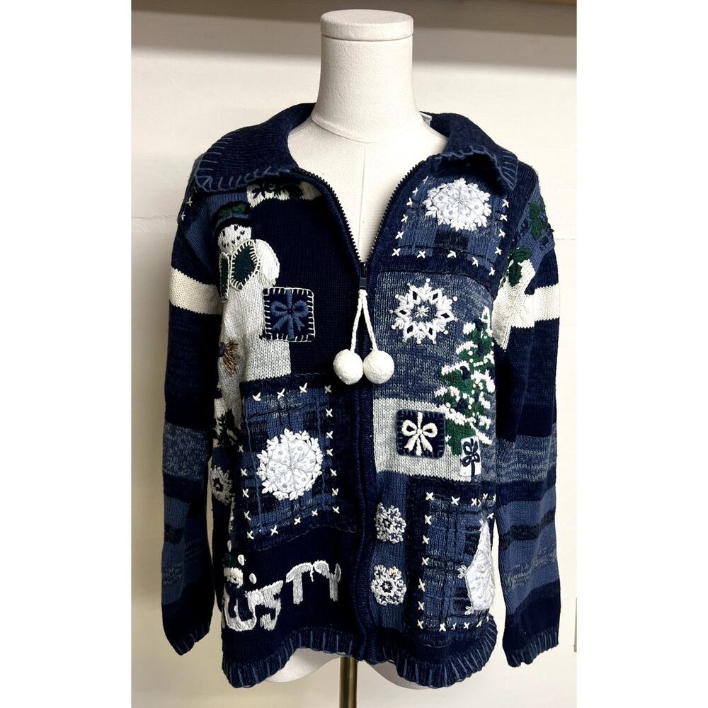 Vintage Womens Ugly Christmas Sweater Size M Full Zip Frosty Snowflake Snowman
